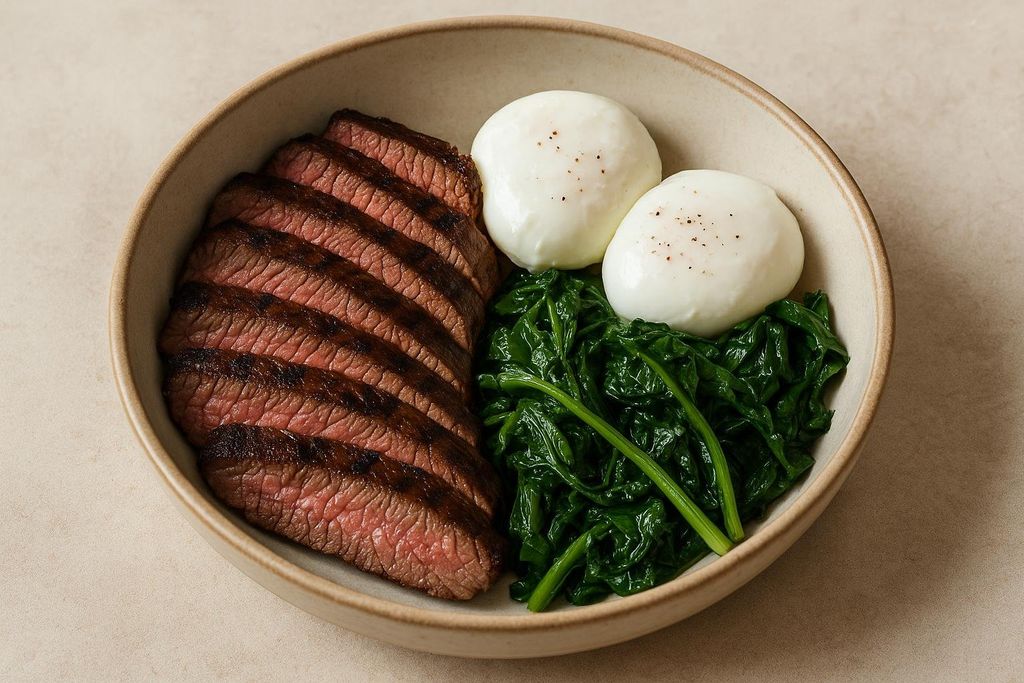 A beige bowl containing sliced medium-rare steak, two poached eggs with black pepper, and wilted green spinach.