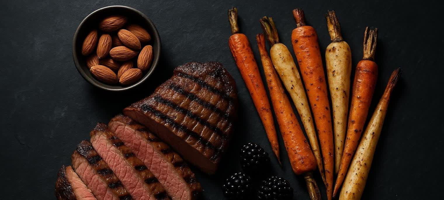 A close-up, overhead shot of a paleo meal on a dark surface. The plate features a perfectly grilled steak, some roasted tri-color carrots and parsnips, a small bowl of almonds, and a few blackberries.