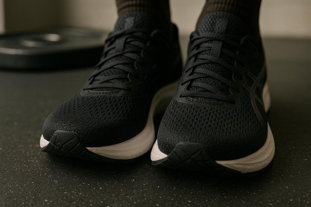 A close-up shot of a pair of black running shoes with white soles, standing on a speckled black gym floor. A dark weight plate is blurred in the background.