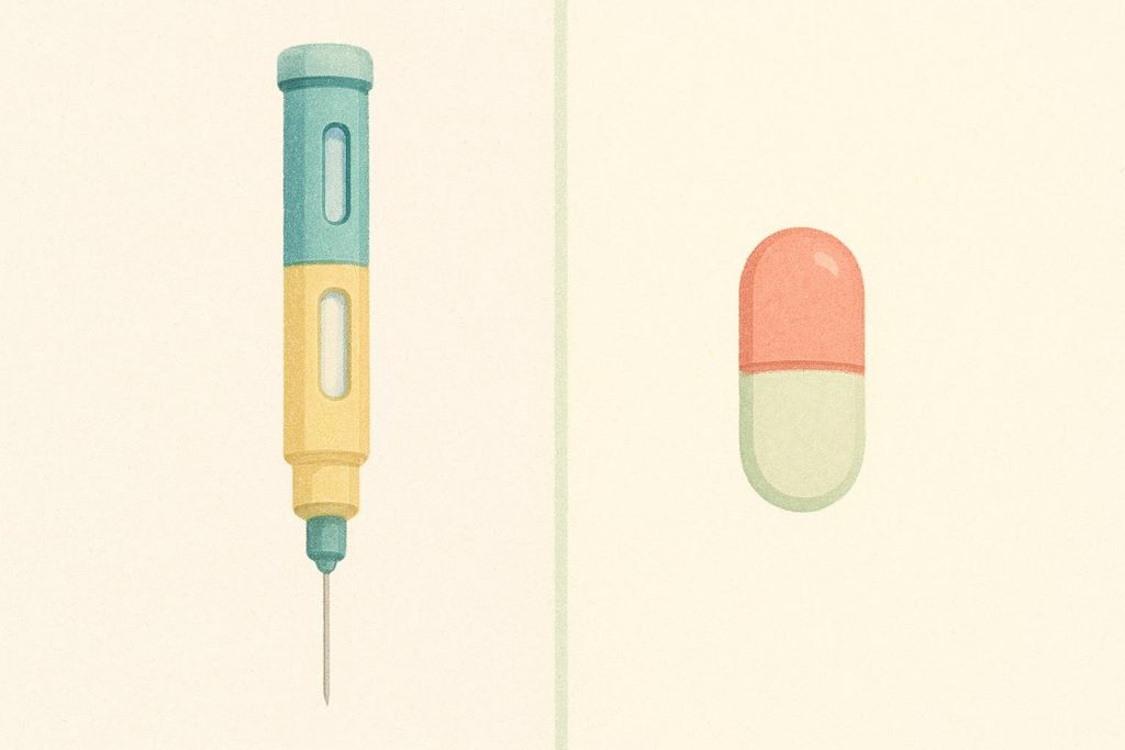 An illustration showing a blue and yellow injection pen on the left and a red and cream-colored oral pill on the right, separated by a light green vertical line. The image highlights a comparison between two different forms of drug delivery.
