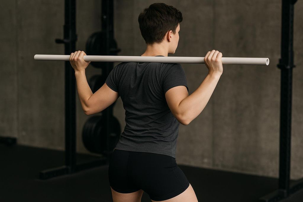 Person practicing the good morning movement with a PVC pipe