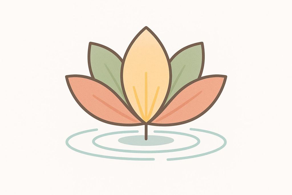 An illustration of a lotus flower floating on water, depicted in soft pastel colors like peach, sage green, and muted yellow, outlined in brown. The water has gentle light blue ripples.