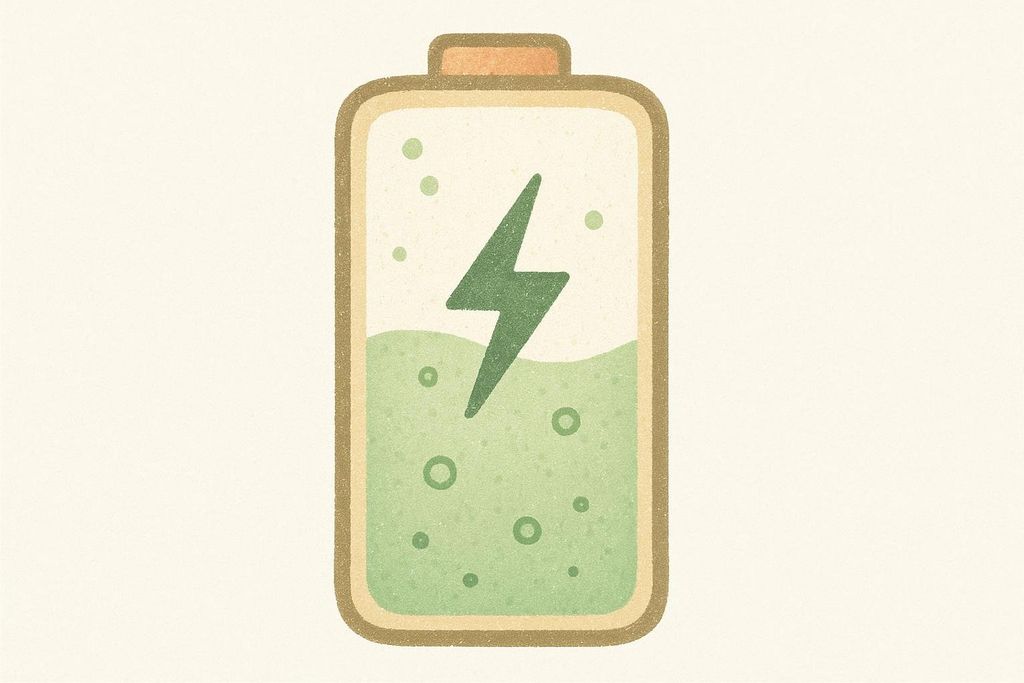 An illustration of a battery icon with about three-quarters of its charge full, depicted by a green liquid level. A green lightning bolt symbol is in the center, and several green circular bubbles are visible in the liquid and above it.