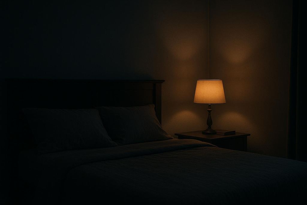 A dimly lit bedroom at night with a bedside lamp casting a warm glow on the bed and wall.