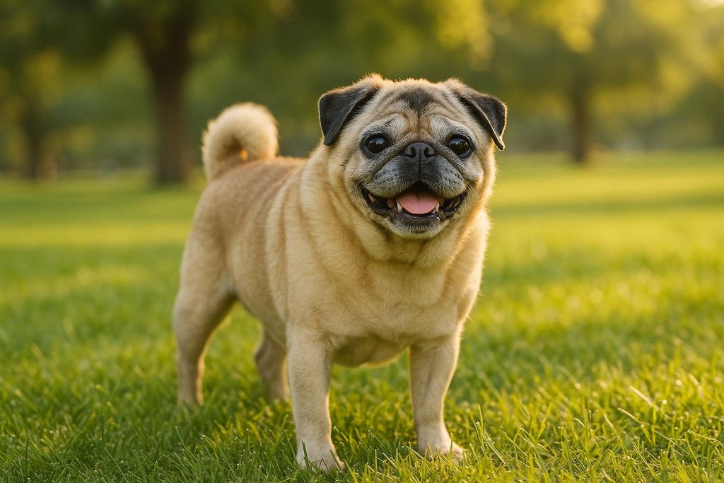 A happy senior pug standing comfortably on lush grass.