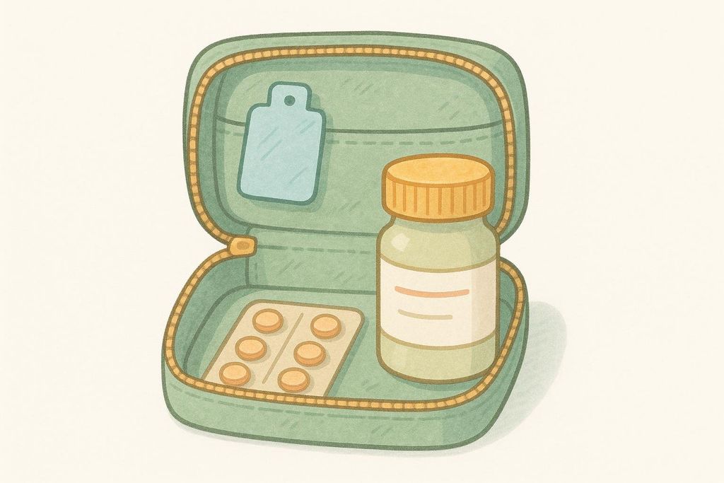 An illustration of an open green zippered travel kit containing a pill bottle with a yellow cap and a blister pack of small round pills. A light blue, cutting-board-shaped object is visible in a pocket on the lid.