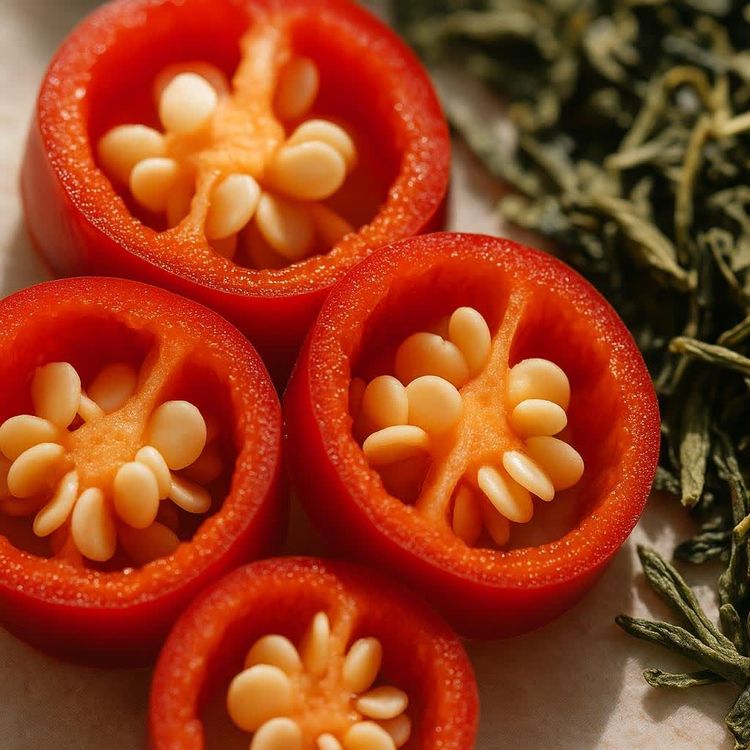 A macro shot shows several bright red sliced chili peppers, revealing their white seeds and internal structure. In the background, dried green tea leaves are visible.