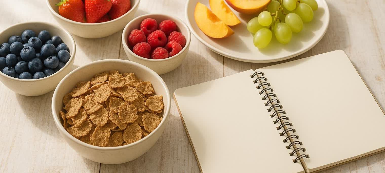 Fresh fruit and healthy foods arranged neatly on a table beside a blank notebook.