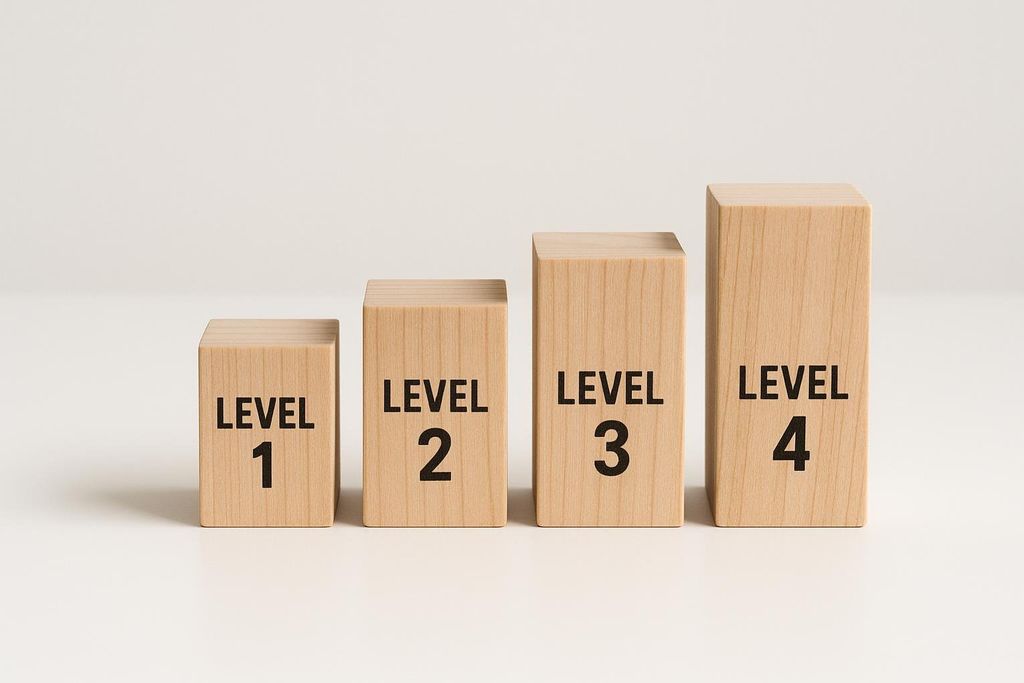 Four wooden blocks of increasing height, labeled 'LEVEL 1', 'LEVEL 2', 'LEVEL 3', and 'LEVEL 4' respectively, arranged in an ascending order on a white surface.