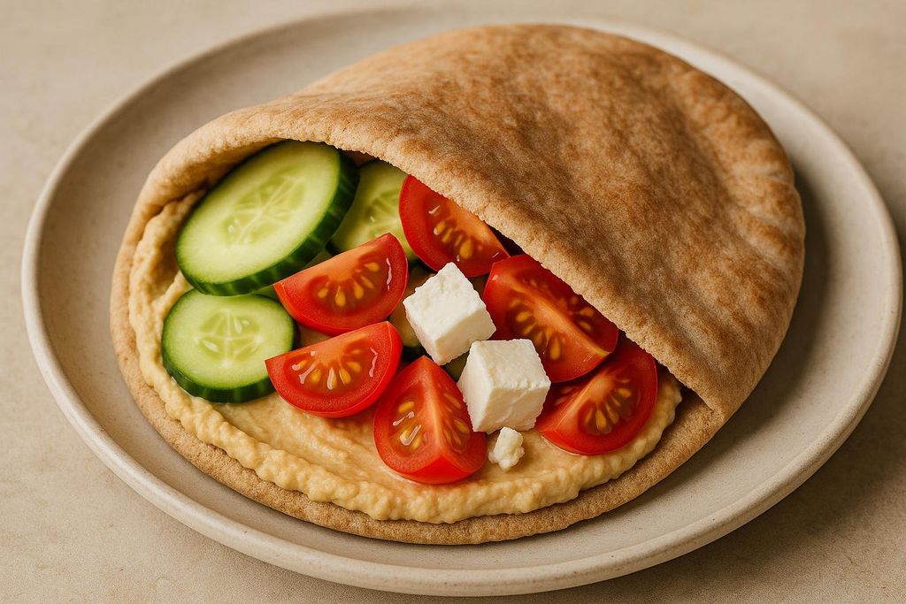 A Greek pita wrap filled with hummus, sliced cucumbers, quartered tomatoes, and cubed feta cheese, served on a light-colored plate.