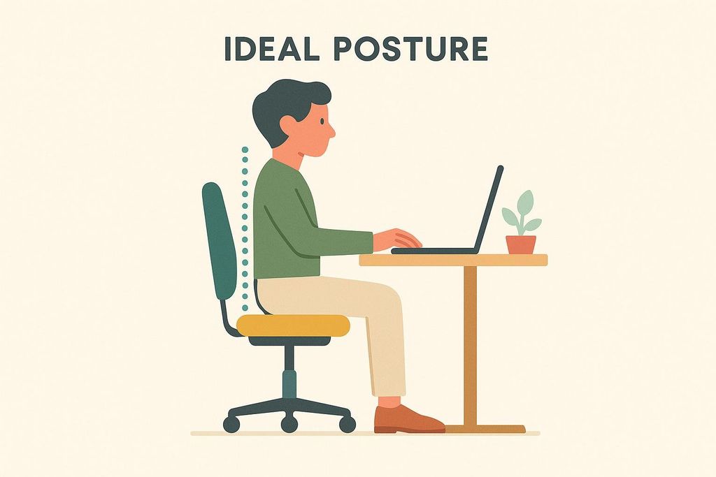 An illustration showing a person sitting at a desk with ideal posture, including a straight back supported by the chair, feet flat on the floor, and arms at a comfortable angle for typing on a laptop.