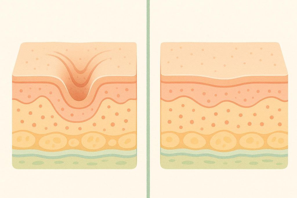 Illustration showing a cross-section of skin before and after treatment, with the 'before' side showing a deep wrinkle and the 'after' side showing a signficantly reduced wrinkle.