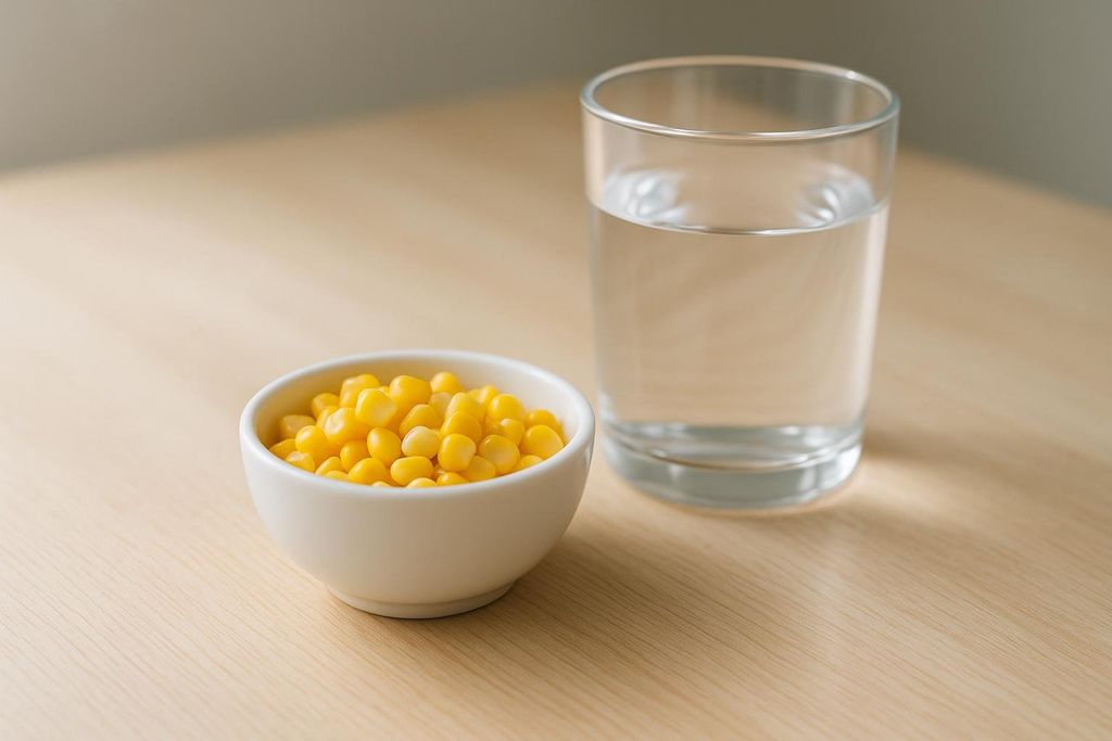 A small white bowl filled with bright yellow corn kernels sits next to a clear glass of water on a light wooden table, prepared for a home transit time test.