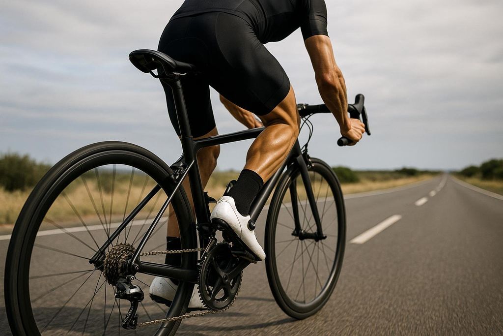 A cyclist in black on a road bike from behind, pedaling with visible muscular legs on an open road under an overcast sky.