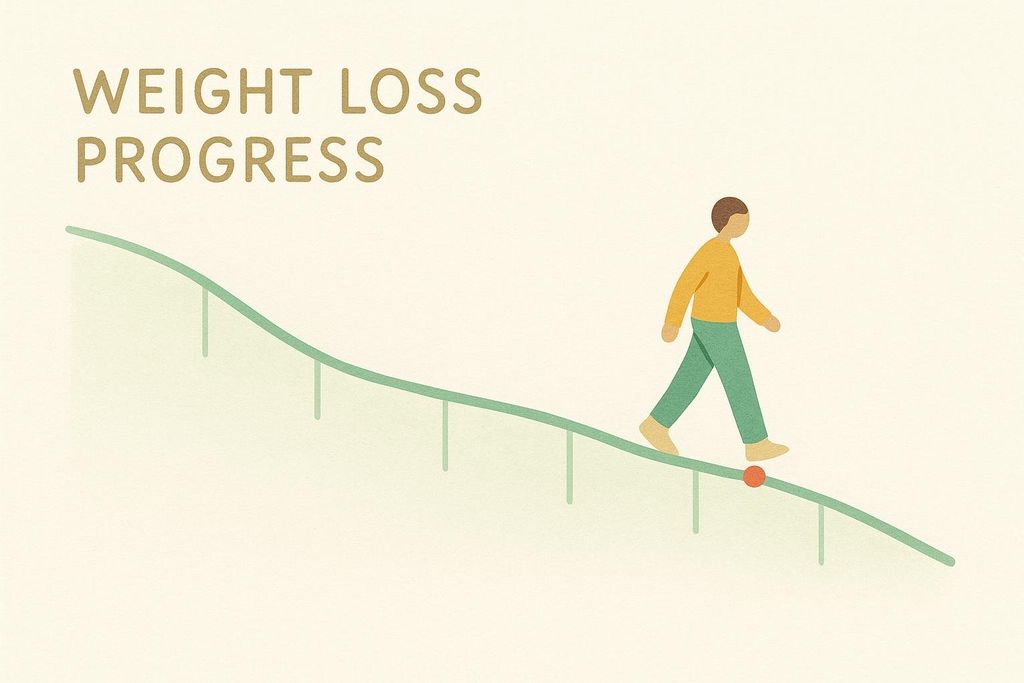 Illustration showing a person walking down a gentle green slope, representing gradual weight loss progress. The text 'WEIGHT LOSS PROGRESS' is at the top left.