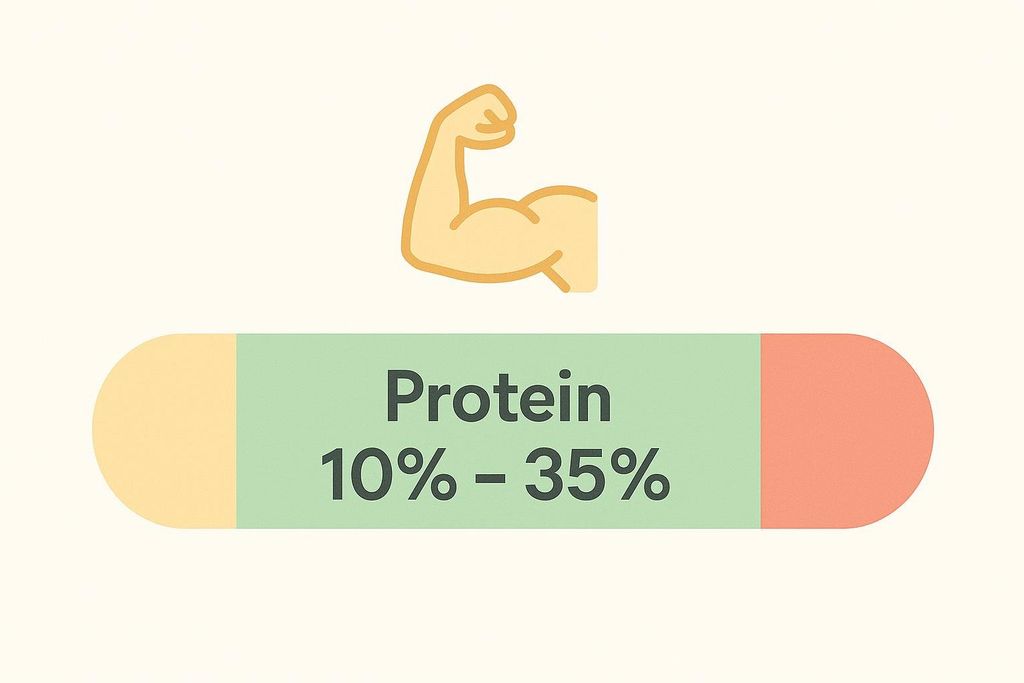 Illustration showing a bicep muscle icon above a colorful horizontal bar labeled 'Protein 10% - 35%', indicating the acceptable daily protein intake range.