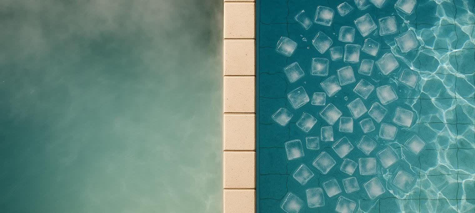 An overhead split view of two adjacent swimming pools, separated by beige coping tiles. The left pool has steaming, warm turquoise water, while the right pool has cool, light blue water filled with ice cubes.