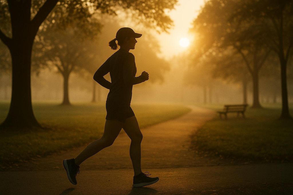 A woman in silhouette jogs along a park path at sunrise, with mist hanging in the air.