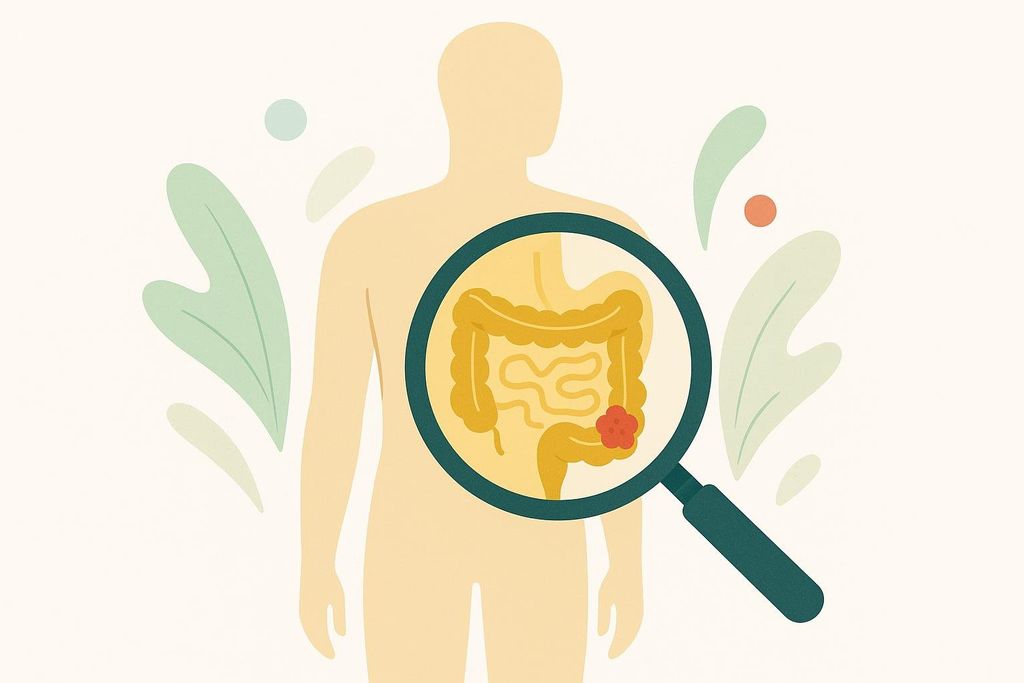 An illustration of a nude human figure from the shoulders up, with a magnifying glass held over their abdomen revealing the small and large intestines. A red mass, signifying a tumor, is visible in the large intestine. The image symbolizes colorectal cancer screening. Light green and beige leaf-like shapes are arranged decoratively around the figure.