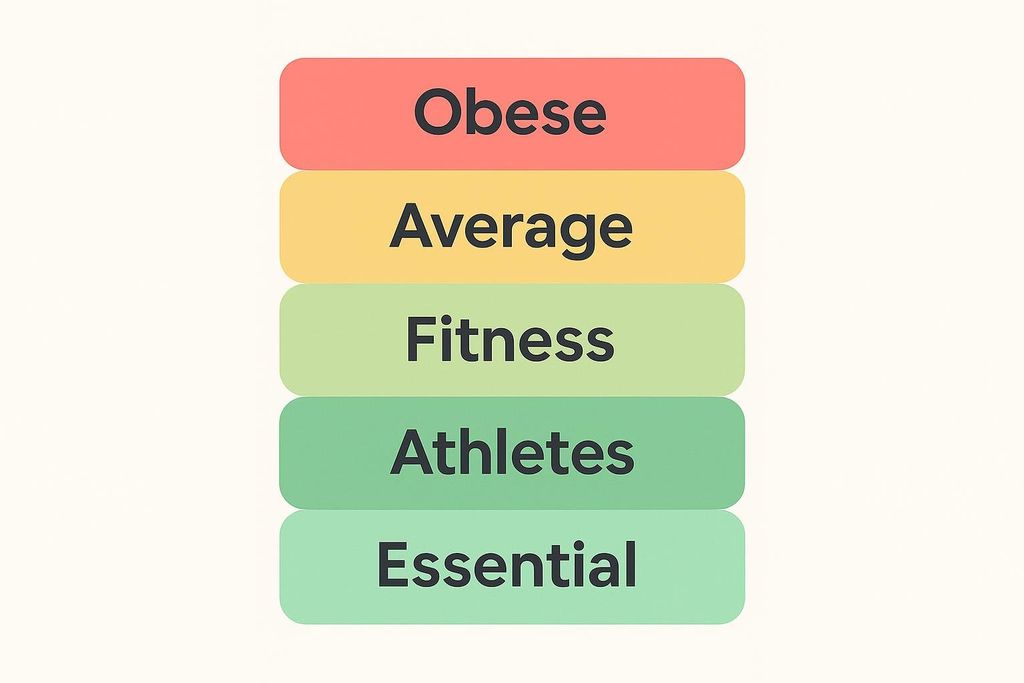 A colorful stacked list diagram showing five body fat categories: Obese (red), Average (yellow), Fitness (light green), Athletes (medium green), and Essential (dark green).