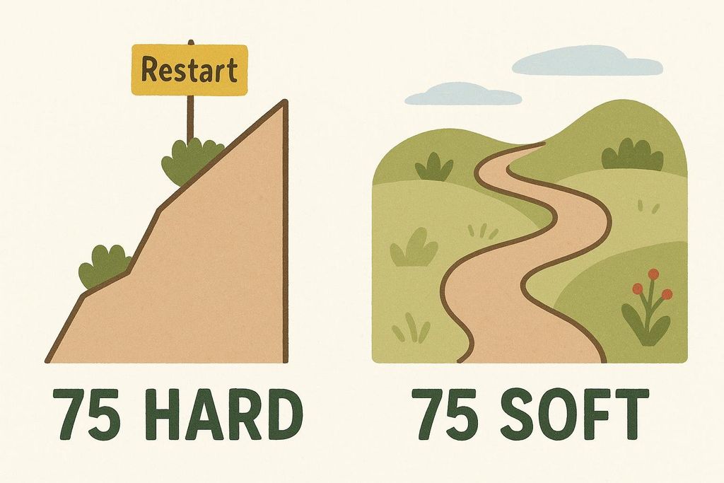 Illustration comparing the rigid path of 75 Hard with the flexible, gentler path of 75 Soft. 75 Hard is depicted as a steep, difficult climb with a 'Restart' sign at the top. 75 Soft is shown as a winding, gentle path through rolling hills.