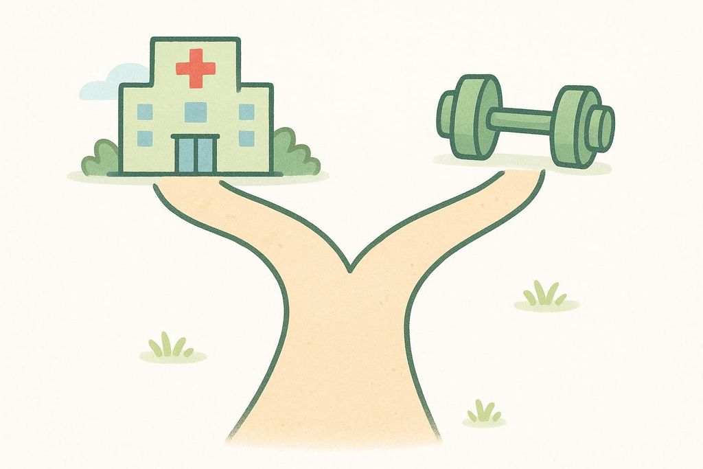 A stylized illustration of a path splitting into two directions. The left path leads to a hospital building with a red cross, and the right path leads to a green dumbbell.