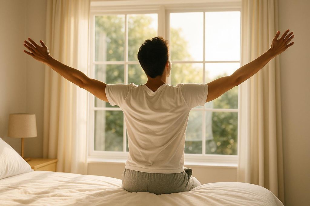 A man in a white t-shirt and gray sweatpants sits on a bed, stretching his arms wide towards a window filled with bright morning sunlight and green trees outside.