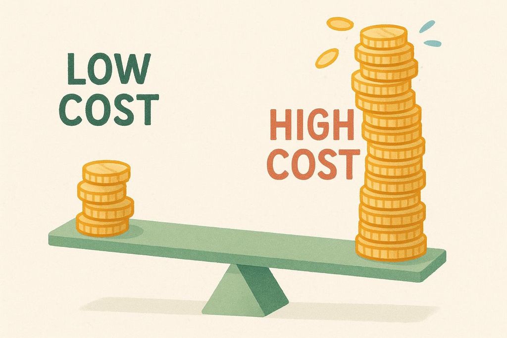 Illustration of a seesaw with a small stack of coins labeled 'Low Cost' on one side and a tall stack of coins labeled 'High Cost' on the other, visually representing a cost comparison.