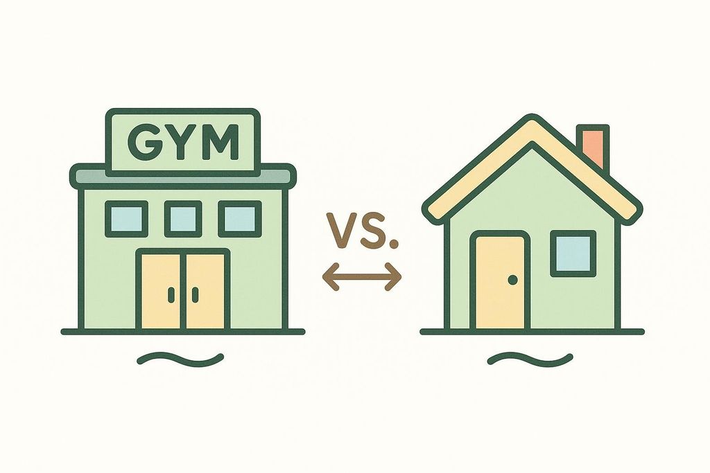 Cartoon illustration of a gym next to a house with 'VS.' and an arrow in between, representing a comparison between gyms and homes.
