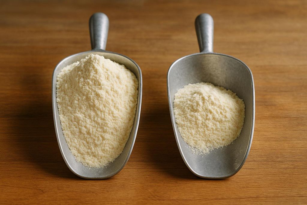 Two powder scoops on a table, one entirely full and another half full.