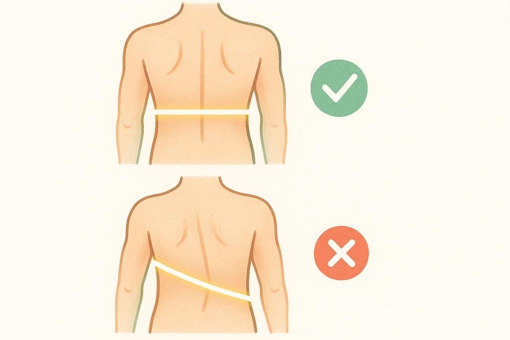 Illustration showing the back of a torso with two measurement lines. The top image shows a correct horizontal measurement line across the mid-back with a green checkmark. The bottom image shows an incorrect, angled measurement line across the lower back with a red 'X'.