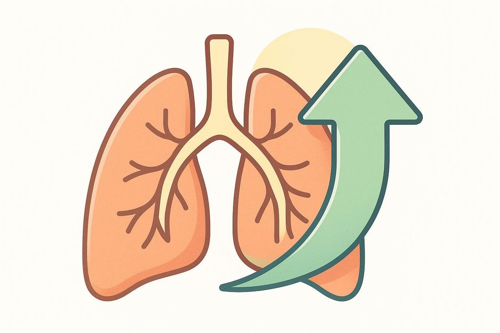 Illustration of lungs with an upward arrow, representing improved respiratory function or capacity.