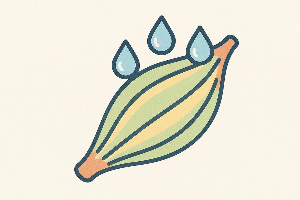 An icon representing a muscle fiber with three water droplets attached, illustrating how glycogen stores water within muscles. The muscle fiber is depicted in shades of green and yellow with a brown tip, and the water droplets are light blue.