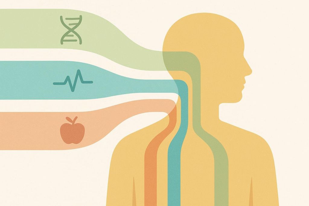 An illustration showing three wavy data streams, representing genetics, wearables, and nutrition, flowing into a human silhouette, symbolizing data-driven personalization for health.