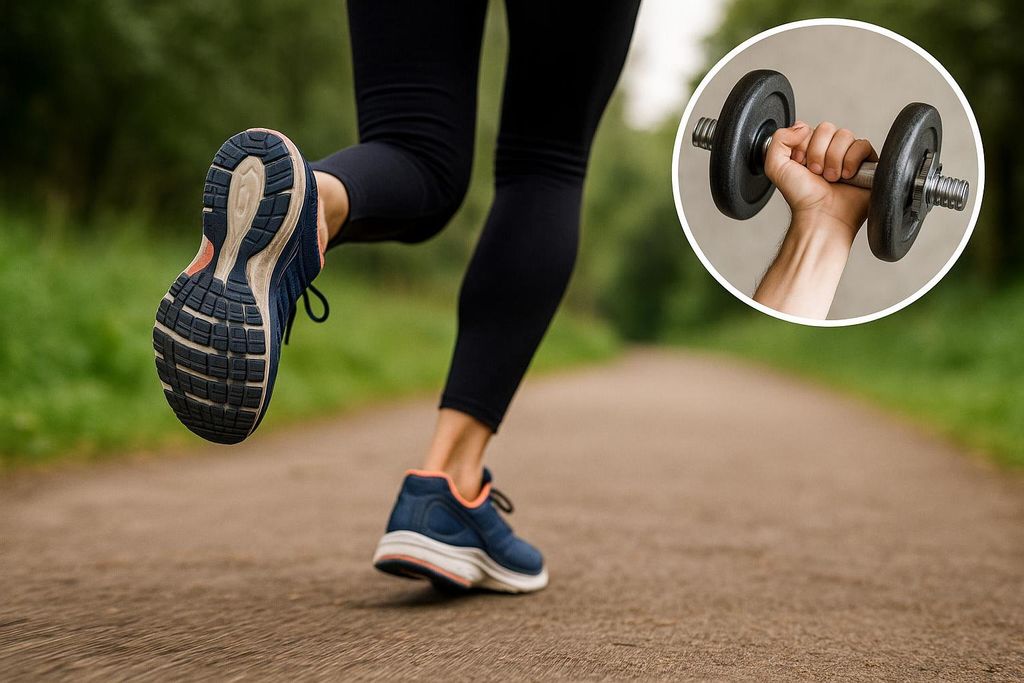 Composite image showing the legs of a runner outdoors and a hand lifting a dumbbell, symbolizing a combination of cardio and strength training.