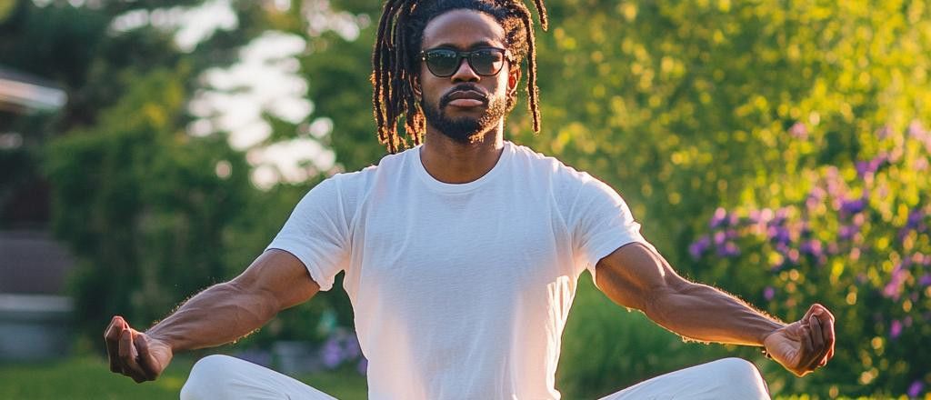 A man with dreadlocks and sunglasses sits outside in a white shirt and pants, meditating with his eyes closed and hands resting on his knees.