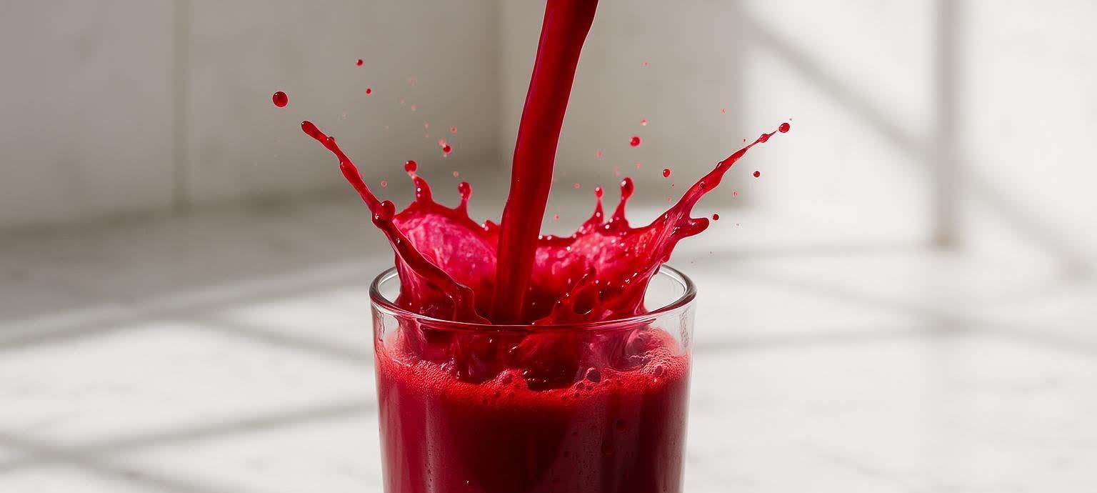 Vibrant beetroot juice splashing into a clear glass, creating a dynamic splash with droplets suspended in the air. The juice is a rich, deep red color.