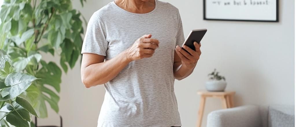 A woman wearing a grey t-shirt holds and looks at her phone. There is a large green plant to her left.