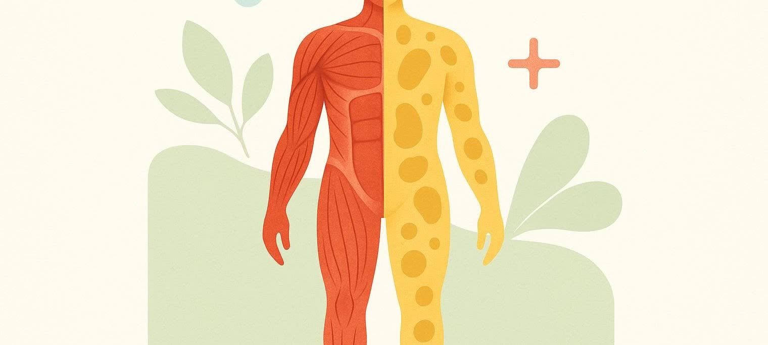Illustration showing a human body split vertically. One half reveals red muscle tissue, while the other half depicts yellow body fat with darker yellow spots, symbolizing body composition.