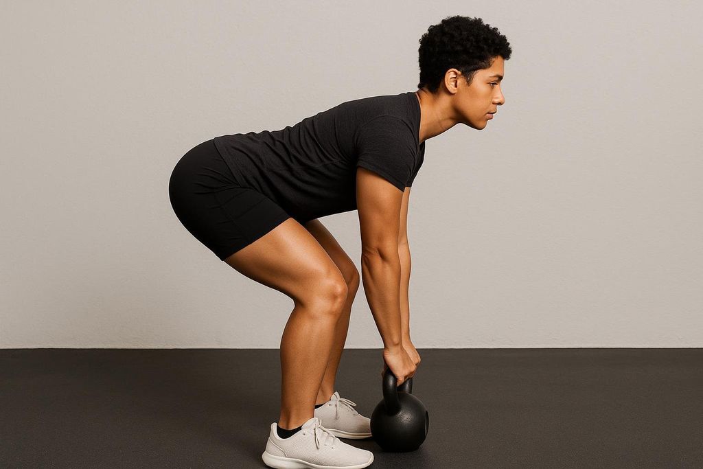 Side view of a person properly positioned to begin a kettlebell deadlift, demonstrating a flat back and hinged hips. They are wearing dark athletic wear and holding a black kettlebell with both hands, positioned between their feet on a dark gym floor.