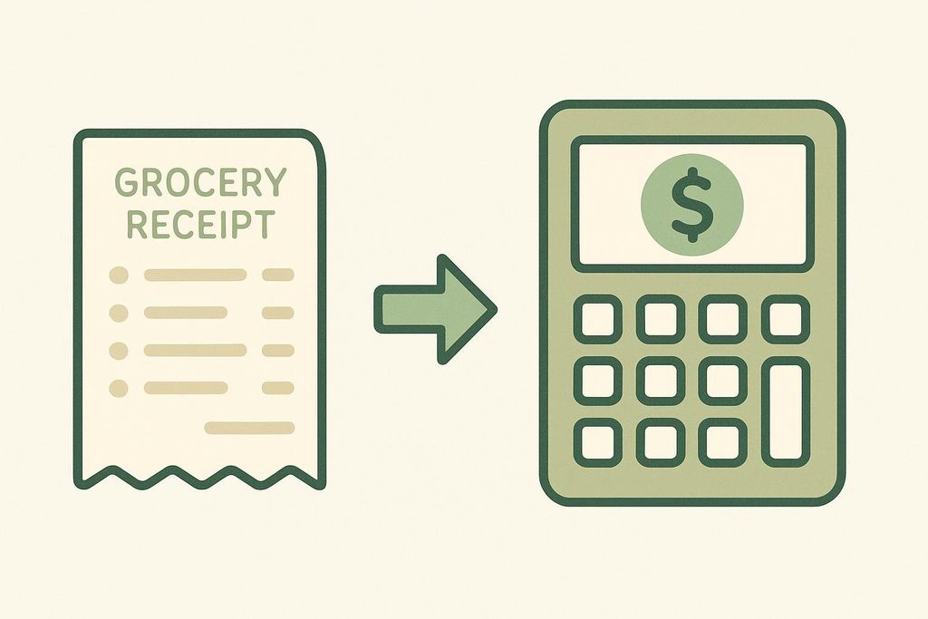 An infographic illustrating the cost-per-serving formula, showing a grocery receipt on the left, an arrow pointing to the right, and a calculator with a dollar sign on its screen on the right.