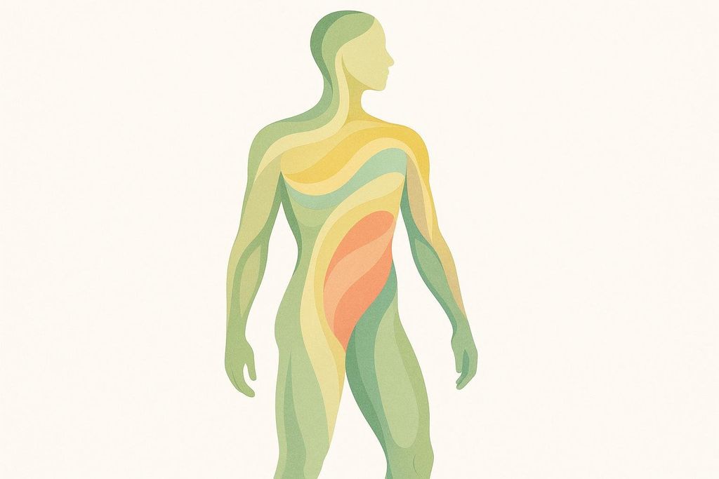 An abstract illustration of a human silhouette divided into colorful inner elements in shades of green, yellow, orange, and blue.