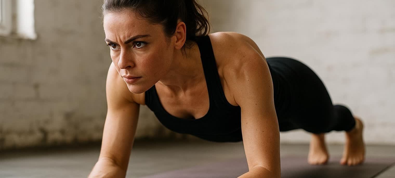 A focused woman in a black sports bra holds a plank position on a yoga mat, her muscles tensed and eyes determined.
