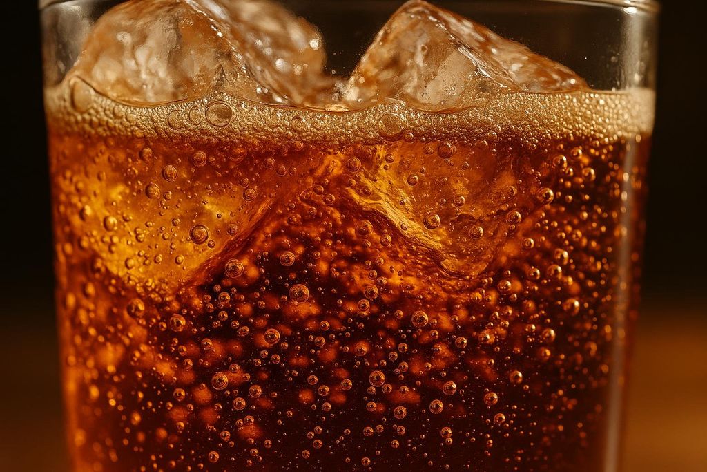 A close-up shot of a glass filled with a fizzy, brown soda and ice cubes, showing numerous bubbles and foam at the surface.
