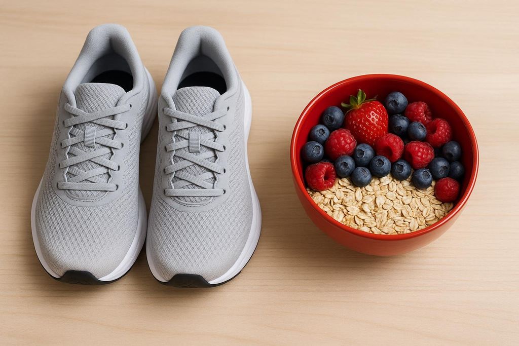 A pair of grey running shoes beside a red bowl filled with dry oatmeal, blueberries, raspberries, and a strawberry, on a light wooden surface. This image represents a healthy lifestyle with exercise and nutritious food.
