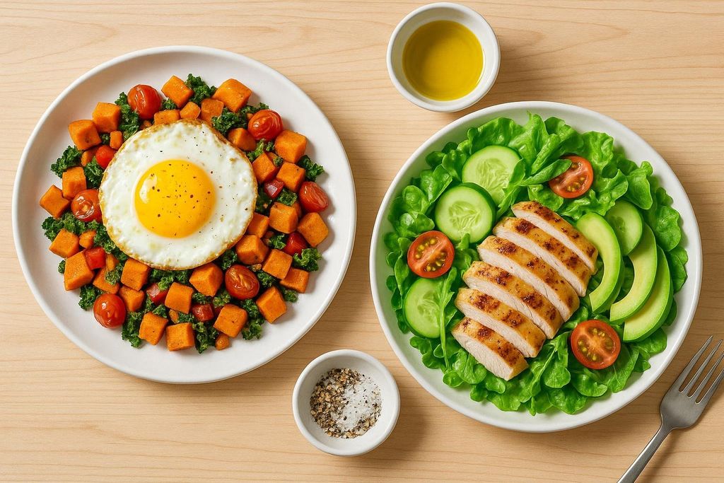 A flat lay of a healthy and delicious paleo meal, featuring sweet potato hash with a fried egg and chicken salad with avocado, cucumber, and cherry tomatoes. Small bowls of olive oil and salt and pepper are also visible.