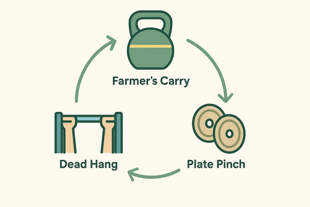 Diagram comparing three grip exercises: Farmer's Carry (represented by a kettlebell), Plate Pinch (represented by two weight plates), and Dead Hang (represented by hands on a pull-up bar), with arrows indicating a circular flow between them.