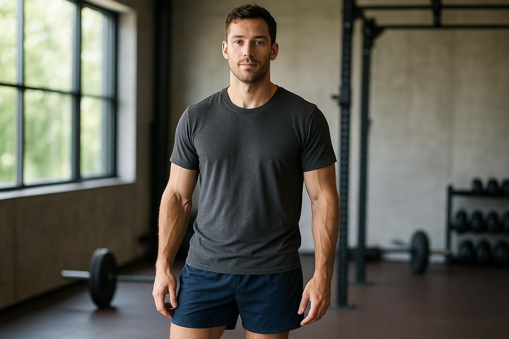 A man with a lean, fit physique, representing what 15% body fat typically looks like for men, standing in a gym.