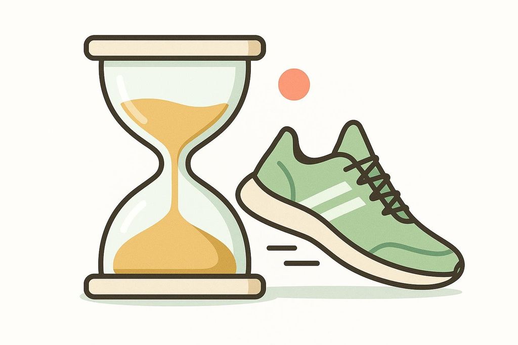 An illustration depicting an hourglass filled with sand next to a green running shoe with white stripes, symbolizing time constraints or the concept of 'running out of time'.