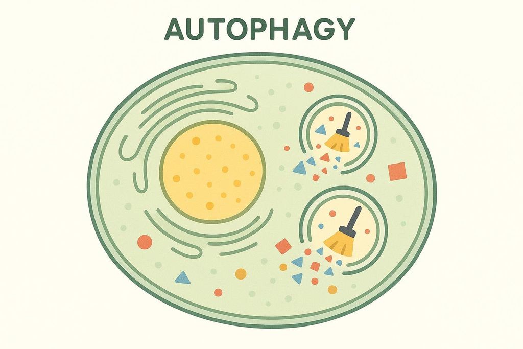 An abstract, whimsical illustration of a cell with the word "AUTOPHAGY" above it. Inside the cell, a large yellow nucleus-like structure is on the left. On the right, two smaller circular structures contain small brooms sweeping up colorful geometric shapes, representing a cell cleaning itself through autophagy.